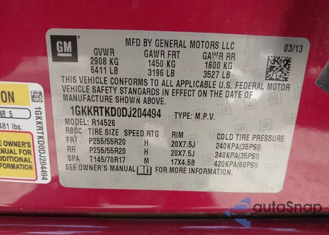 2013 GMC Acadia Denali from USA, damaged, VIN 1GKKRTKD0DJ204494